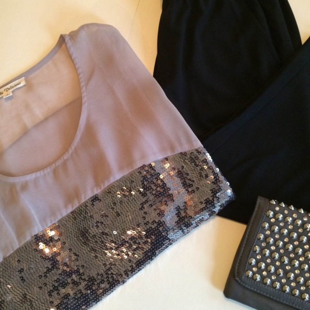 Gray and Silver one shoulder sheer top
